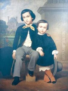 " Portrait D'alphonse Et Georges Desmares, Fils D'adele Drouin, Dans Le Jardin Des Tuileries, Le Pavillon De Marsan En Arriere Plan " by Jean-Louis Canon