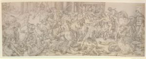 A battle with soldiers plundering a temple
