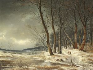 Winter in the woods. A woman and a man on a path, gathering firewood. by F.M.E. Fabritius de Tengnagel