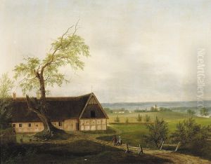 Landscape with a farm on a hill. thumbnail