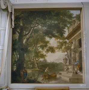Het inschepen van een dame met gevolg bij een klassiek bouwwerk., 1770 gedateerd by Jurriaen Andriessen