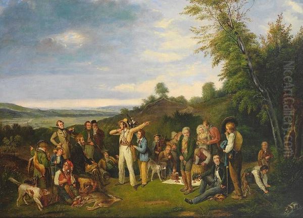 Grosse Jagdgesellschaft beim Picknick in hugeliger Landschaft - view 1