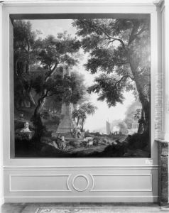Klassiek arcadisch landschap obelisk en sfinx, 1770 gedateerd
