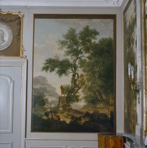 Klassiek arcadisch landschap met standbeeld van Hades en Proserpina, 1770 gedateerd
