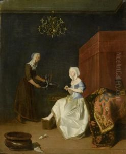 A Young Lady trimming her Fingernails, attended by a Maidservant by Jacob Ochtervelt