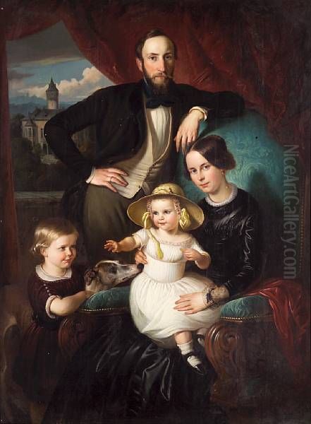 A portrait of the von Cramm family with the family home, Schloss Oelber, in the distance. - view 1