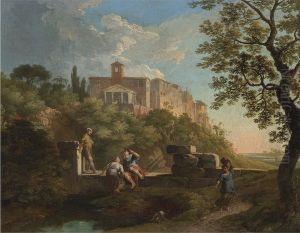 An Italianate landscape with figures resting by a wall, a town in the distance by Andrea Locatelli by Andrea Locatelli
