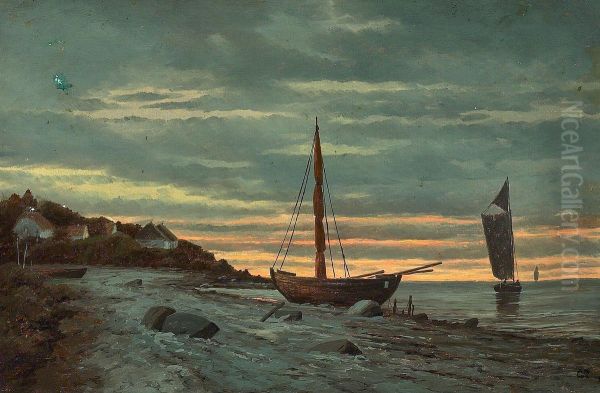 A beach with sailing boats, early morning. - view 1