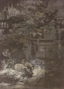 Peasants And Their Flocks At A Fountain In A Ruined Ornamental Garden by Philippe Canot