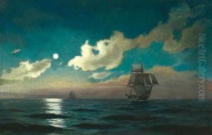 Sailing ships in the moonlight. by Carl Locher