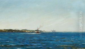 The coast at Helsingor with Kronborg in the background. by Carl Locher