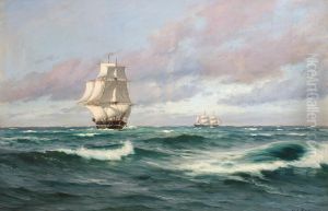 Sailing ships at sea.