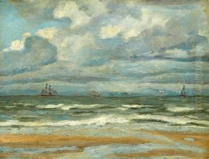 The sea with ships and seagulls.
