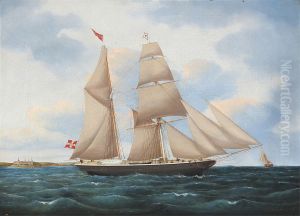 Seascape with a sailing ship "Johanne" with Kronborg in the background by Jens Thielsen Locher