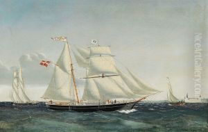 The brigantine 'Ornen' passing Helsingor Roadstead. by Jens Thielsen Locher