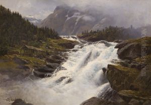 Wasserfall in norwegischer Gebirgslandschaft by Karl Paul Themistokles von Eckenbrecher