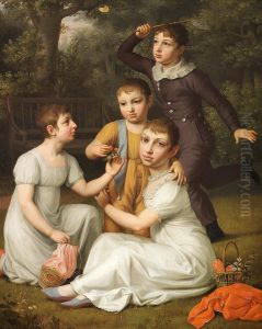 Portrait of the four children of the landowner and vice governor of West India, Sobotker, portrayed in the gardens of Hummeltofte. by Christoffer Wilhelm Eckersberg