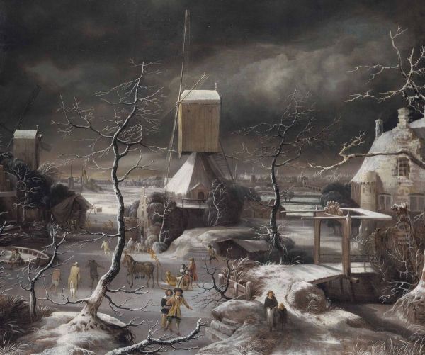 A winter landscape with a horse-drawn sledge, skaters and golfers on a frozen waterway by a windmill, Amsterdam and the IJ beyond - view 1