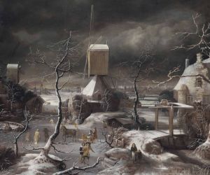 A winter landscape with a horse-drawn sledge, skaters and golfers on a frozen waterway by a windmill, Amsterdam and the IJ beyond