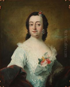 Regitze Sophie Skeel, f. baronesse Guldencrone (1706-1799). I lysebla udringet kjole med slojfe og blomsterbuket i udskaeringen.