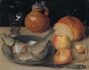 Still life with herring undBartmann jug by Georg Flegel