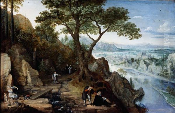 Riverlandscape with a view on Linz; a self portrait of the artist inj the foreground - view 1
