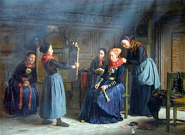 Dressing the bride. Scene from the Hollaenderby (Dutch village) on Amager. - view 1