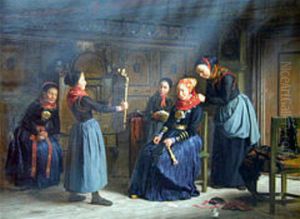 Dressing the bride. Scene from the Hollaenderby (Dutch village) on Amager. by Julius Exner