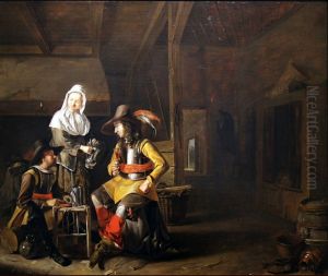 Soldiers drinking in an inn in the presence of a landlady by Ludolf de Jongh