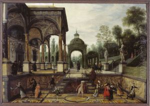 Italiaanse tuin met waterspelen en personnages by Sebastiaen Vrancx