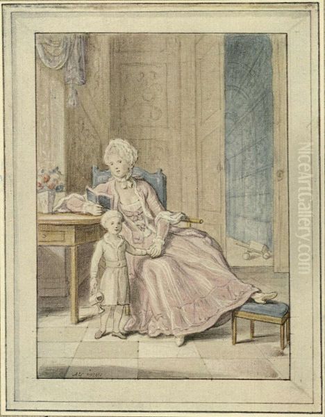 Dronning Caroline Mathilde med kronprins Frederik. Forste udkast. - view 1