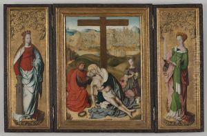 Triptych with The Lamentation of Christ (center), St. Barbara (left wing), St. Catherine of Alexandria (right wing), The Annunciation (reverse wings) by Master of the Krainburg Altar