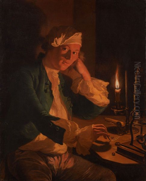 A Scientist Seated at a Desk by Candlelight - view 1
