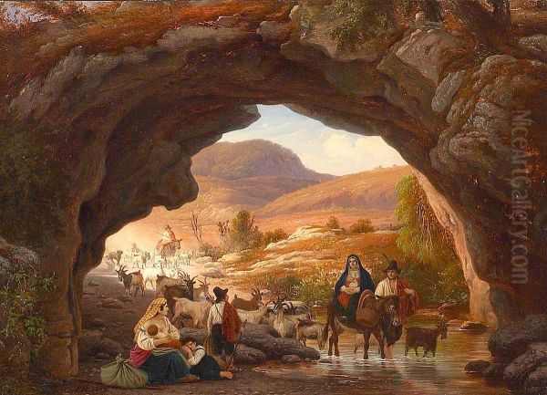 Sheperd scene with persons resting by a rock. - view 1