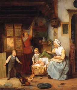A Family In A Kitchen Interior by Johannes Antonius Canta