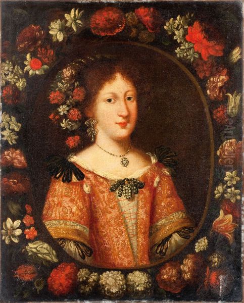 Portrait de femme entouree d'une couronne de fleurs - view 1