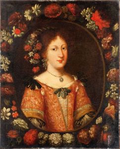 Portrait de femme entouree d'une couronne de fleurs