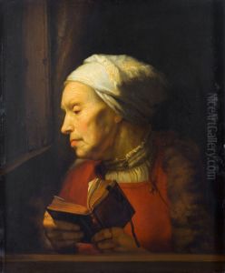 Portrait de vieille femme, tenant un livre ouvert by Karel van der Pluym
