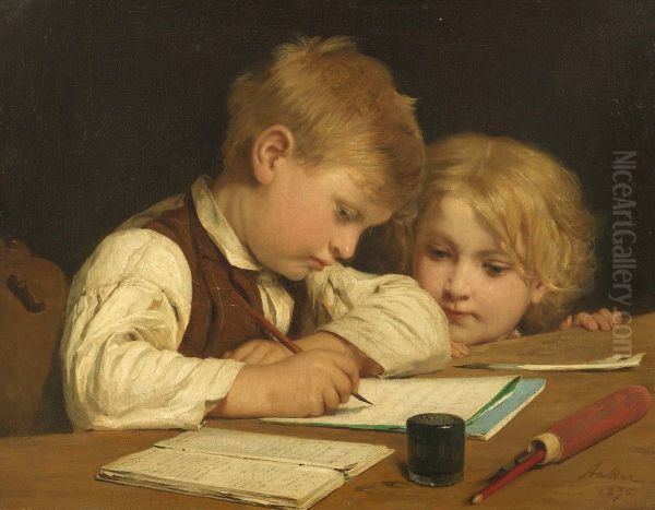 Writing boy with little sister I - view 1