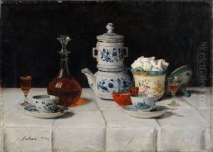Stillleben mit Kaffeegedeck und Cognacflasche by Albert Anker