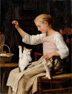 Girl playing with cat by Albert Anker