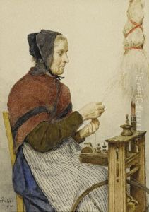 Bauerin am Spinnrad by Albert Anker
