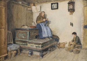 Traute Familienszene am Kachelofen Traute Familienszene am Kachelofen