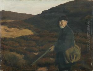 A hunter in a heath landscape.