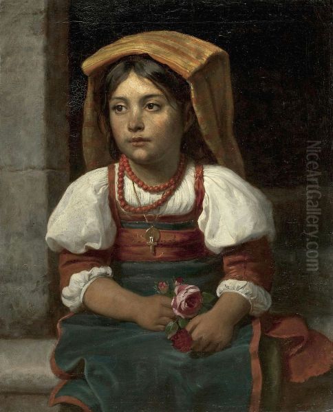 Sitting Italian girl with roses - view 1