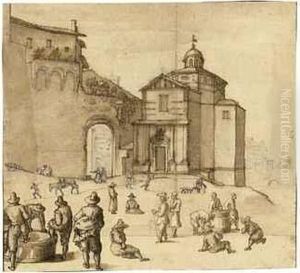 Figures And Animals Outside The Gate Of A Town by Remigio Cantagallina