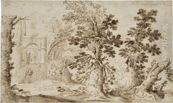 A Wooded Landscape, With Two Figures At A Garden Entrance To Theleft - view 1