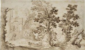 A Wooded Landscape, With Two Figures At A Garden Entrance To Theleft by Remigio Cantagallina