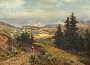 South German summer landscape with a view of a city by Karl Gustav Rodde