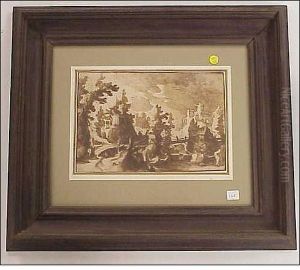 Brown Ink With Wash Onpaper, Tuscan Town With Figures On Bridge, 8 7/8" H. X 13" W. ,this Drawing Is Very Typical Of The Artist's Owrk Who Developed Adistinct Style, In Part Based On Topography And Jacques Callot'swork While In Florence, The Rich Dark Was Brown Ink With Wash Onpaper, Tuscan Town With Figures On Bridge, 8 7/8" H. X 13" W. ,this Drawing Is Very Typical Of The Artist's Owrk Who Developed Adistinct Style, In Part Based On Topography And Jacques Callot'swork While In Florence, The Rich Dark Was